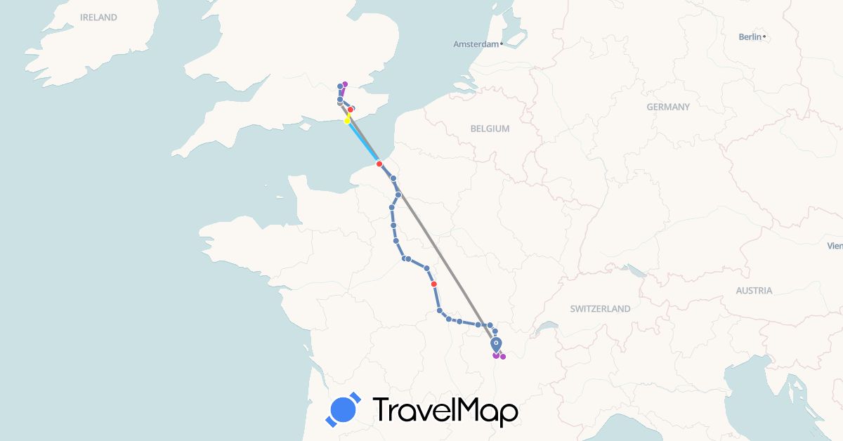 TravelMap itinerary: driving, plane, cycling, train, hiking, boat, camionette in France, United Kingdom (Europe)